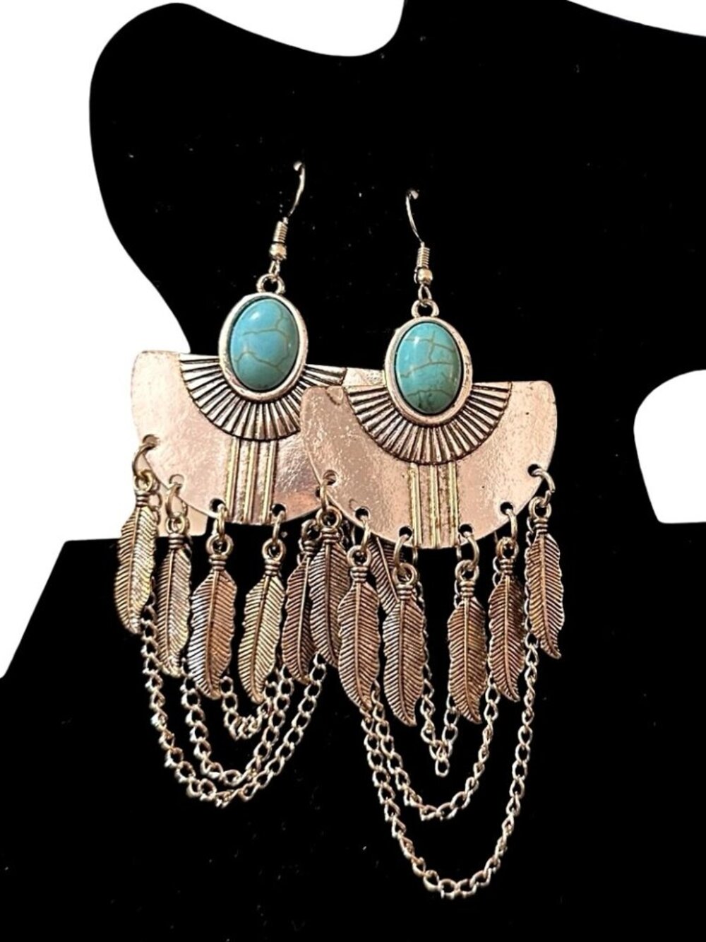 Boho Style Faux Turquoise Silver Feather Dangle Earrings Chain Accents NWOT